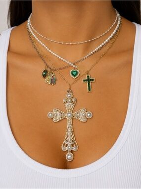 Layered Pearl and Green Cross Necklace Set - Women Jewelry